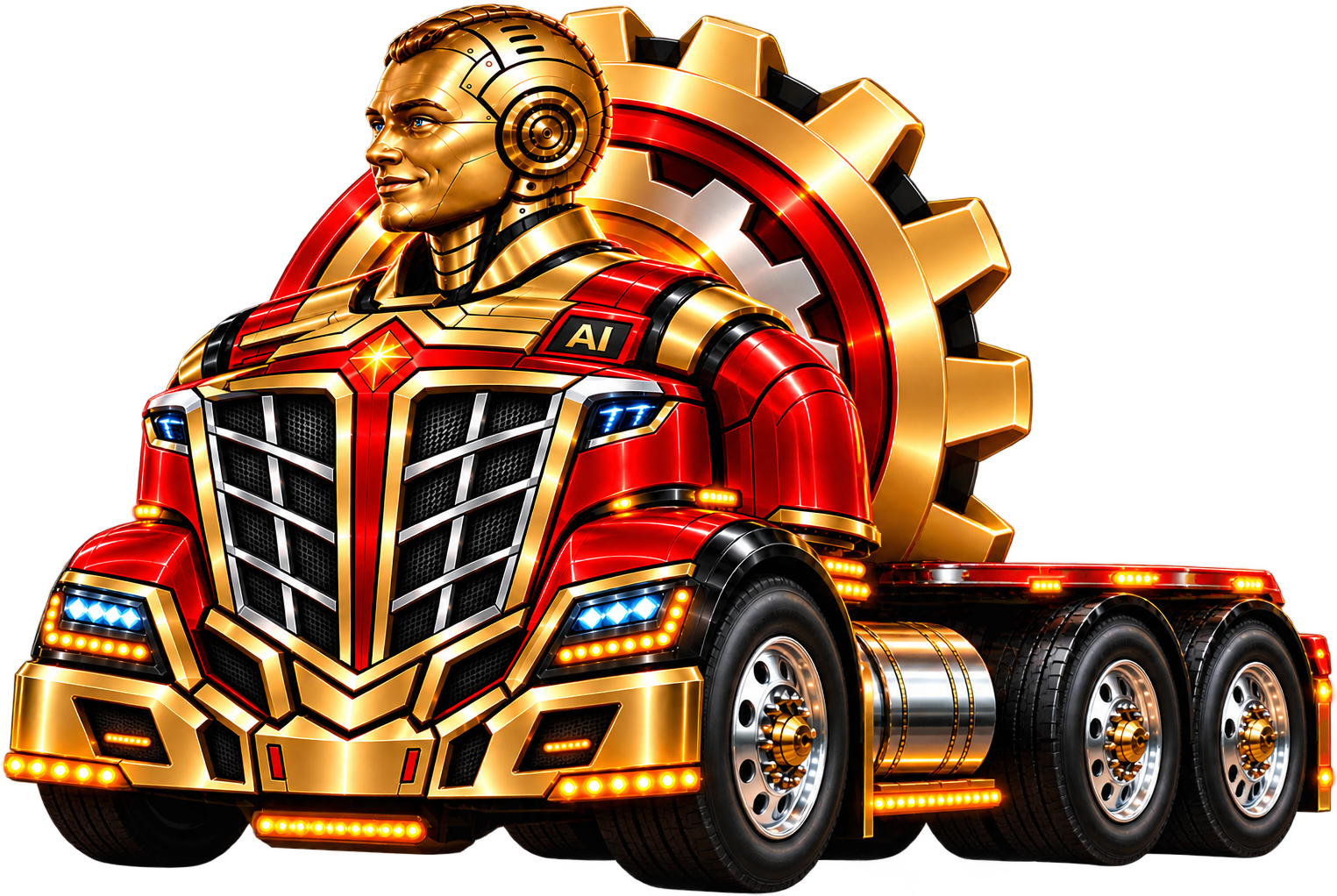 MaintenanceMgr.ai mascot: a red and gold semi truck with a gold AI driver and a gear behind it