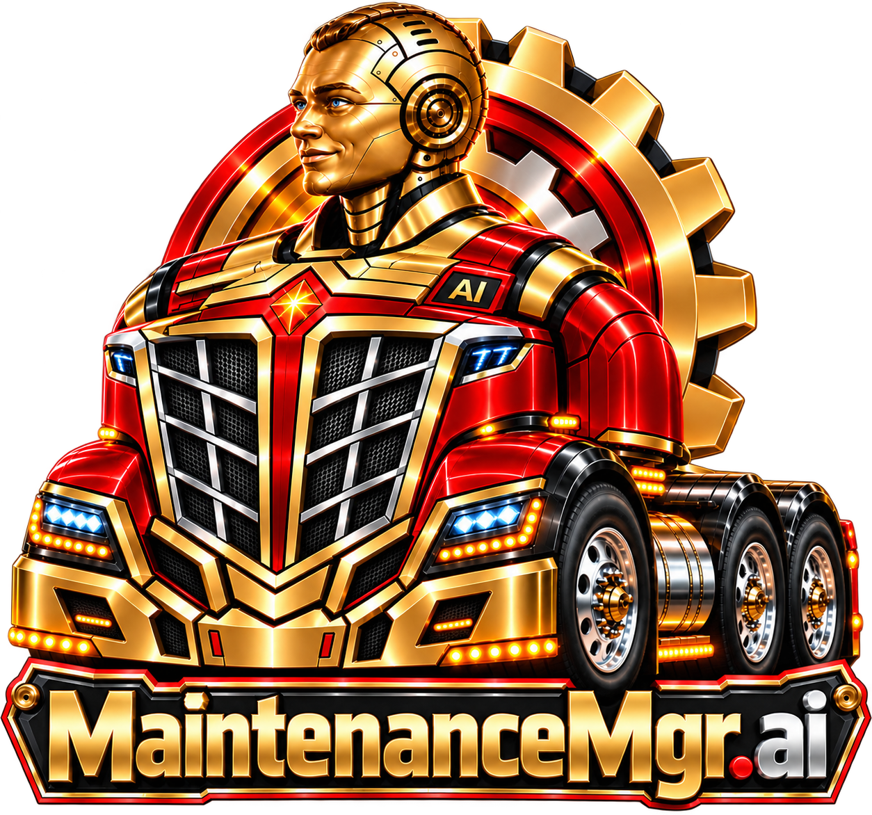 MaintenanceMgr.ai badge: a red and gold semi truck with a gold AI driver above the MaintenanceMgr.ai name